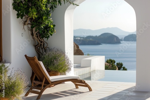 Luxurious Mediterranean Terrace Lounge with Stunning Sea View and Beach Chairs