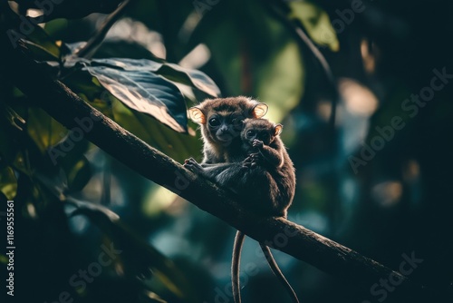 A mother and baby owl monkey clinging to a tree branch in a lush rainforest. photo