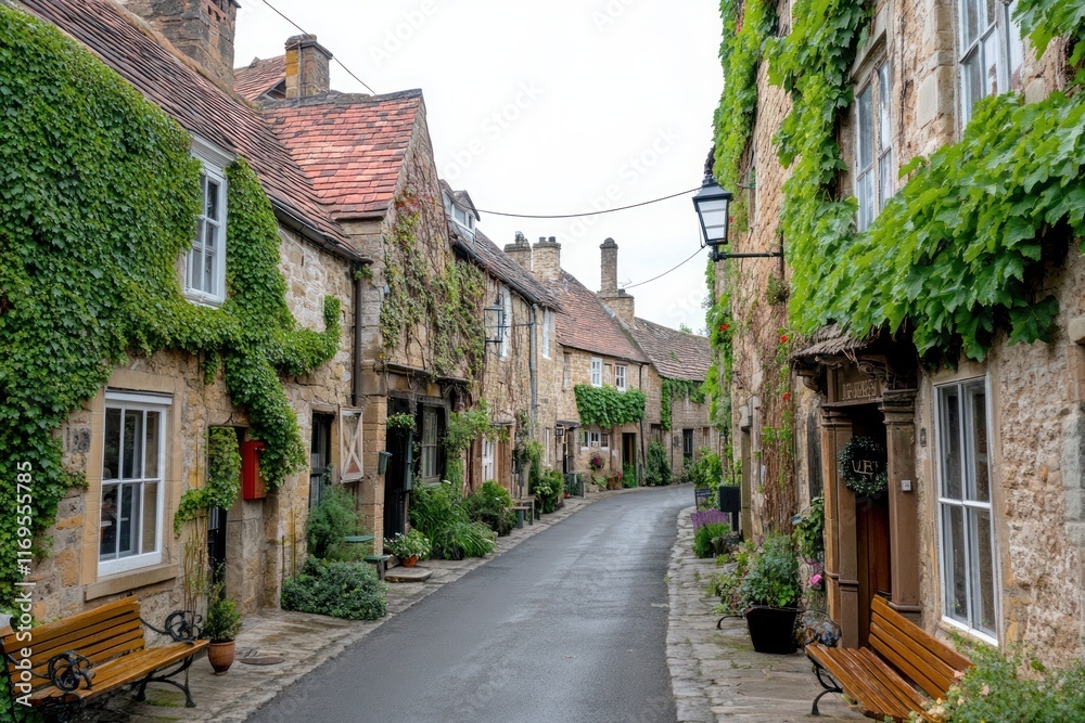 Charming narrow street in a quaint village with stone houses, lush greenery, and benches. Charming narrow street in a quaint village with stone houses, lush greenery, and benches.