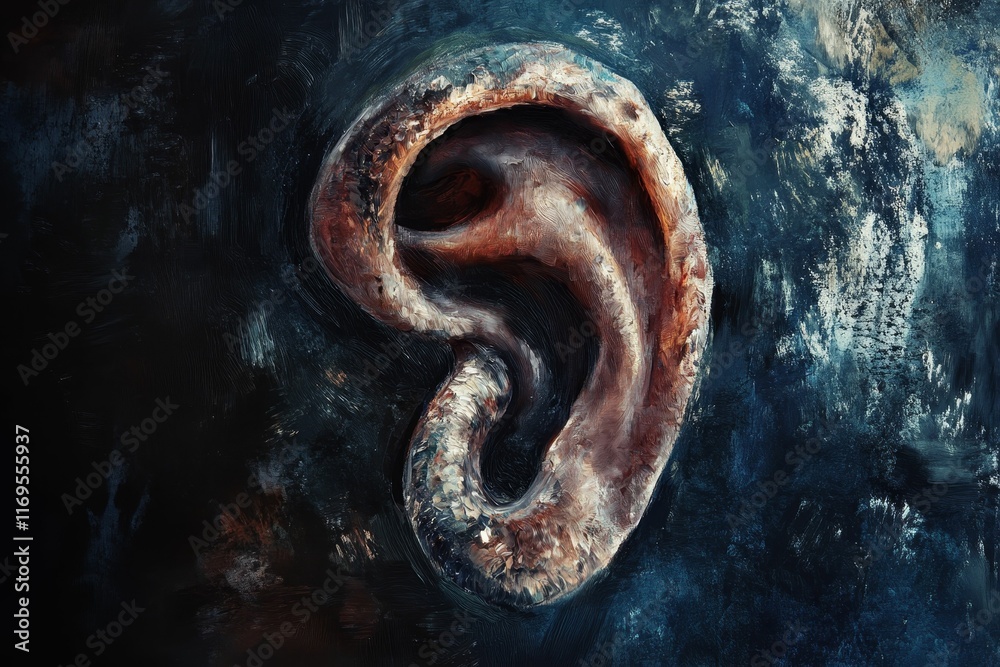 Fototapeta premium Ear depicted, textured paint, dark background.