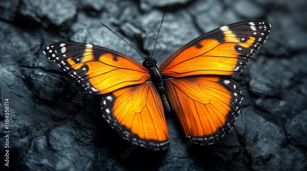 A butterfly with orange wings is sitting on a rock A butterfly with orange wings is sitting on a rock