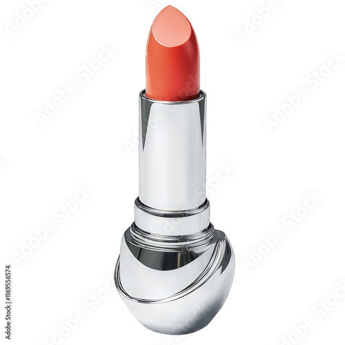 Vibrant coral lipstick with sleek silver case isolated on the transparent background photo