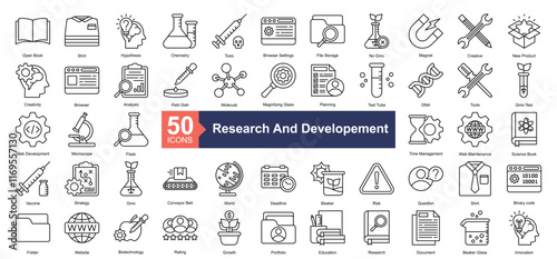 Research and Developement Icon Collection Set.Containing creative, new product, creativity, browser, analysis icon. Simple line style Vector Illustration.	