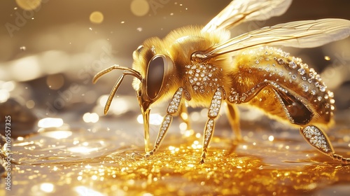 A close-up of a queen beea??s golden body, encrusted with delicate diamonds, as she hovers over a pool of liquid honey that sparkles with flecks of gold, her wings glistening in the sunlight.