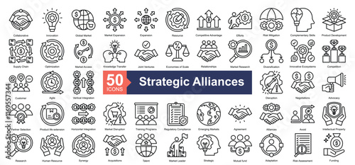 Strategic Alliances Icon Collection Set.Containing collaborative, innovation, global market, market expansion icon. Simple line style Vector Illustration.	