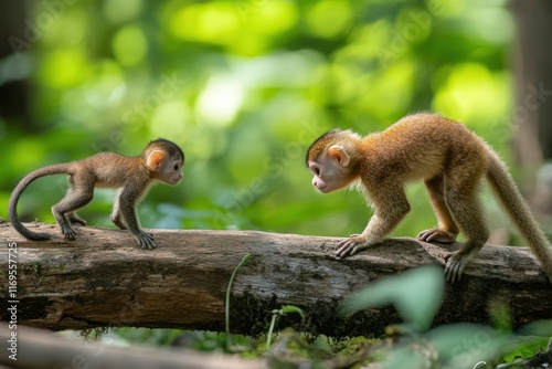 Two monkeys, one adult and one baby, face each other on a log in a lush green forest.