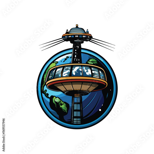 A hyper-realistic image of a space elevator with a futuristic design, a round platform with windows, and a cable stretching into space.