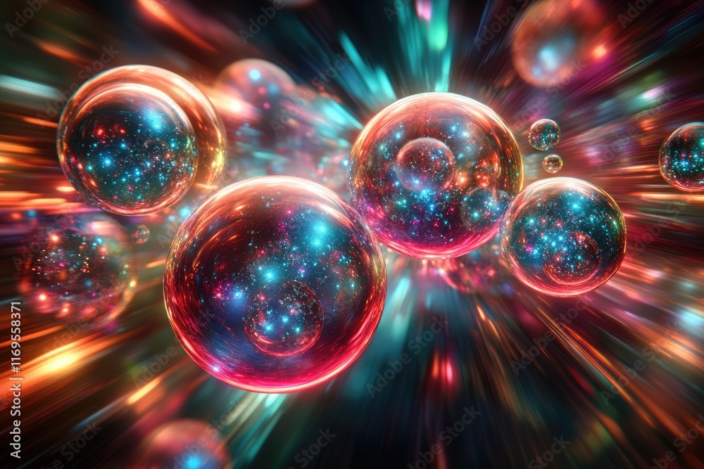 Multiverse concept: vibrant spheres containing galaxies, exploding with light and color, representing parallel universes. Multiverse concept: vibrant spheres containing galaxies, exploding with light and color, representing parallel universes.