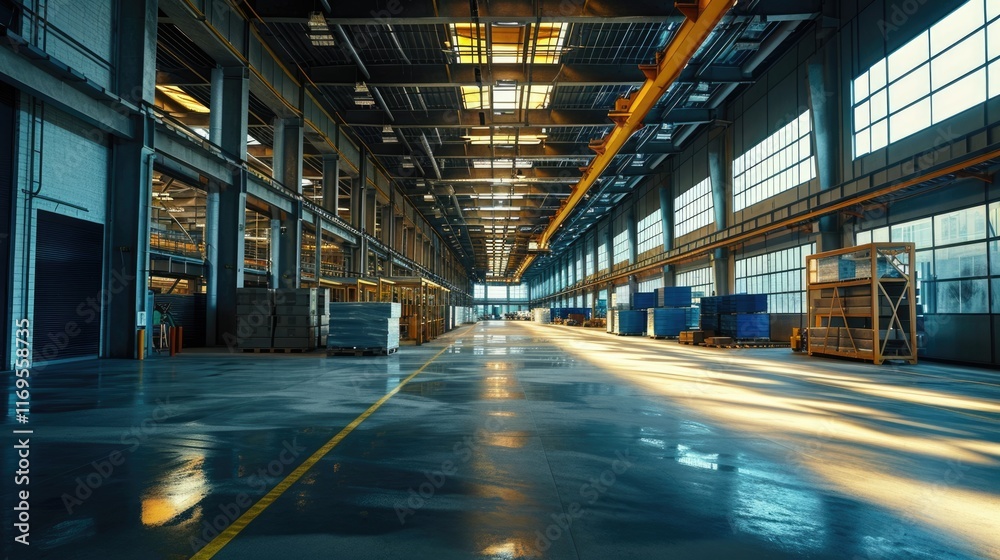 Modern Industrial Warehouse Interior with Empty Storage Space and Goods