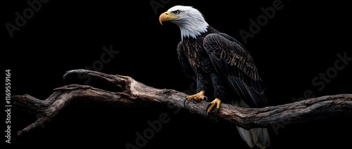 Majestic bald eagle perched on a dark branch against a black background.