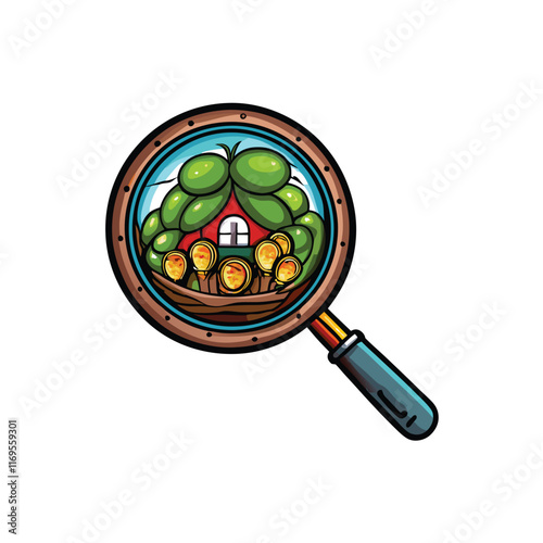 A magnifying glass revealing a tiny village of houses and people living inside a green bean pod.