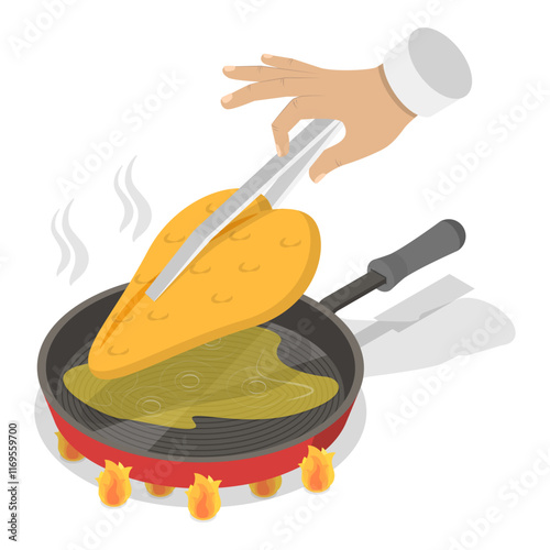 3D Isometric Flat Vector Illustration of How To Prepare Chicken Schnitzel, Homemade Food Recipe. Item 7