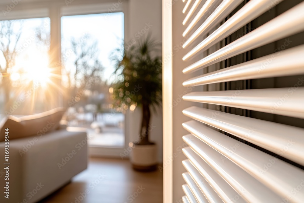 Fototapeta premium Beautiful sunset light streaming through white shutters, creating a warm and inviting atmosphere in a well-decorated living space filled with greenery and comfort.