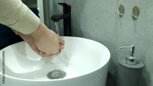 Man washing hands under the water tap, daily hygiene concept