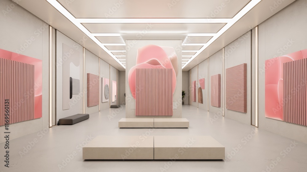 Minimalist conference room with pink-toned abstract paintings