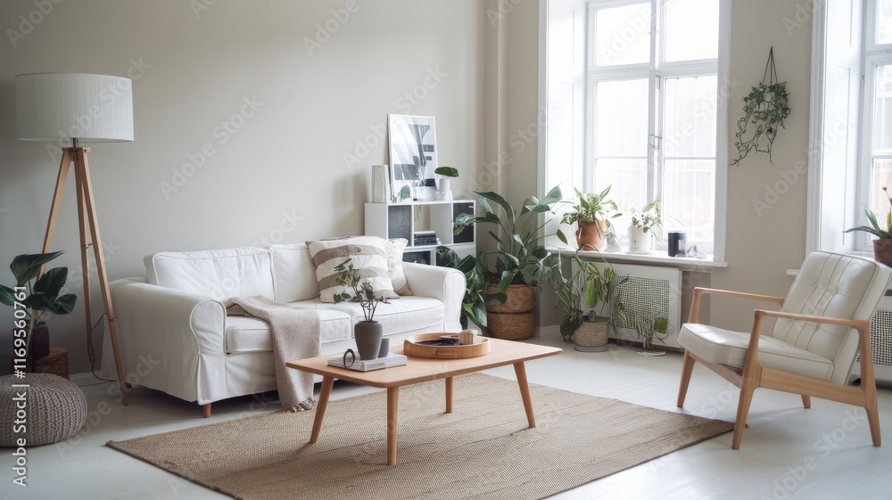 Scandinavian living room with modern furniture and indoor plants
