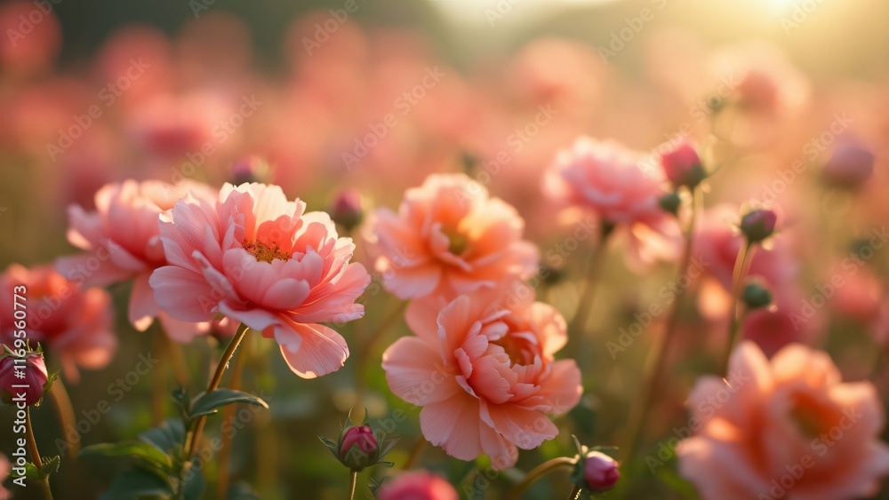 Obraz premium Stunning Peach Ranunculus Flowers Field at Sunset Golden Hour