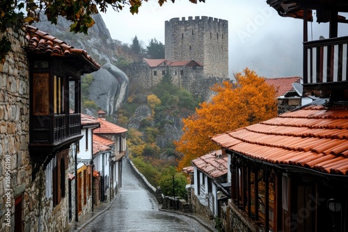 Misty autumn day in a historic village with a medieval castle in the background.
