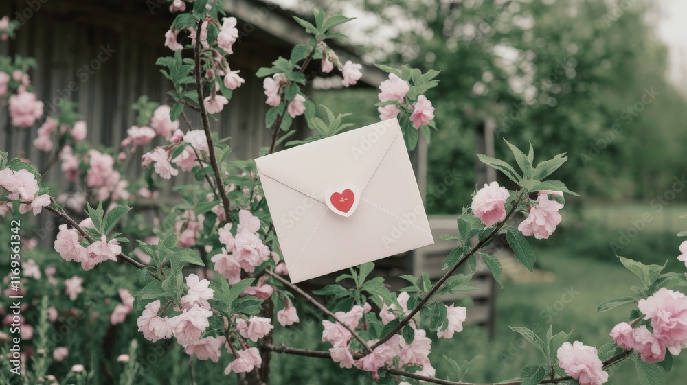 Love letter sealed with heart sticker placed on a flowering branch