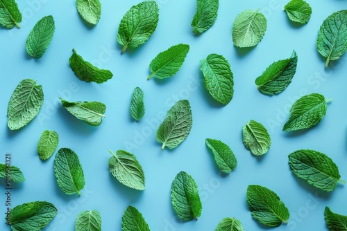 Green mint leaves on blue background. Minimal trendy summer pattern.