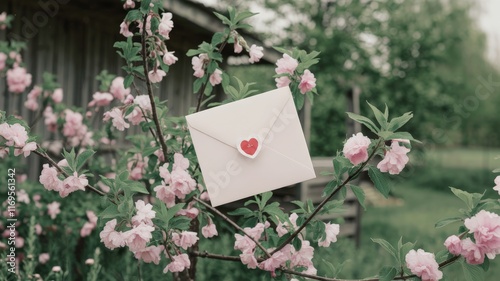 Obraz na płótnie Love letter sealed with heart sticker placed on a flowering branch w salonie