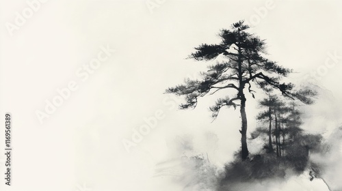Wallpaper Mural A solitary pine tree stands tall amidst a misty forest Torontodigital.ca