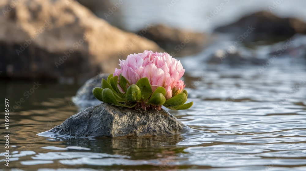Vibrant pink flower blooming on a rock in a river