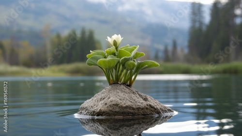 Obraz na płótnie Delicate flower blooming on a small rock in the middle of a lake w salonie
