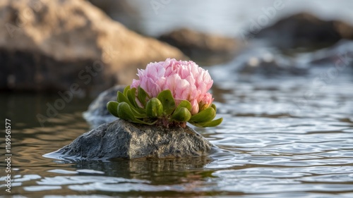 Obraz na płótnie Vibrant pink flower blooming on a rock in a river w salonie