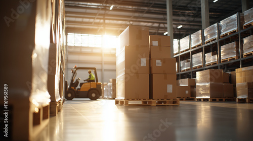 Warehouse with Neatly Stacked Boxes and Active Logistics Workers photo