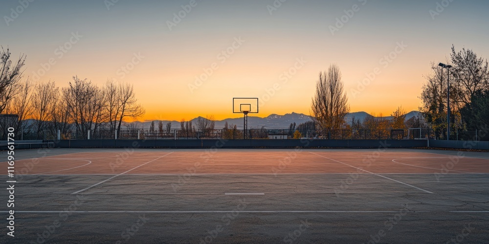 Empty outdoor basketball court at sunset with mountains in the background. Empty outdoor basketball court at sunset with mountains in the background.
