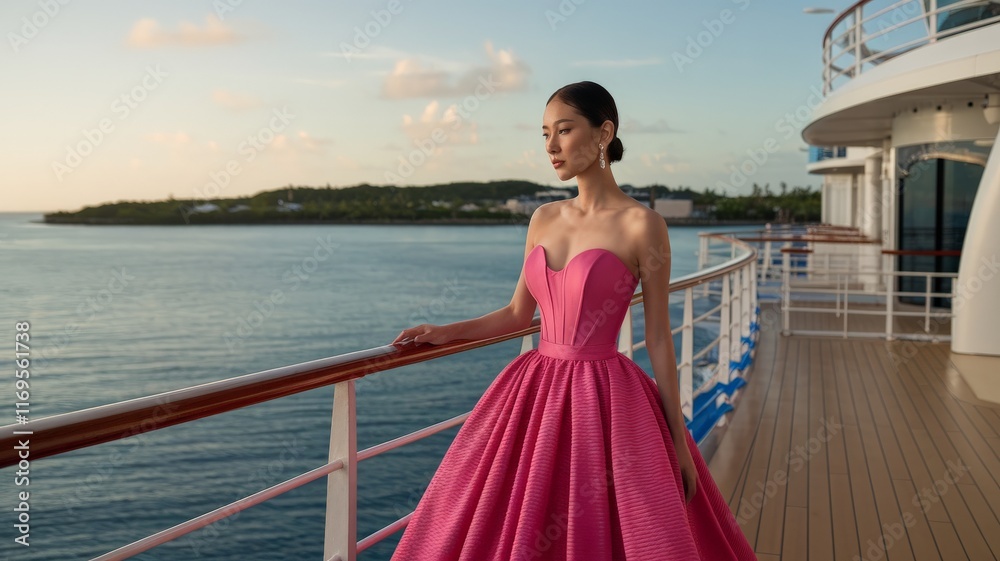 Elegant Asian model in a pink evening gown posing on a cruise ship deck