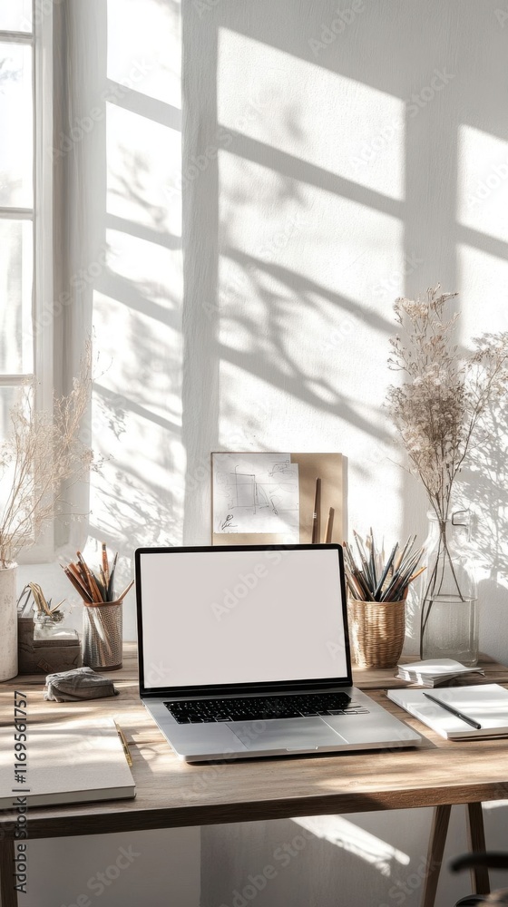Fototapeta premium A minimalist workspace with a laptop.