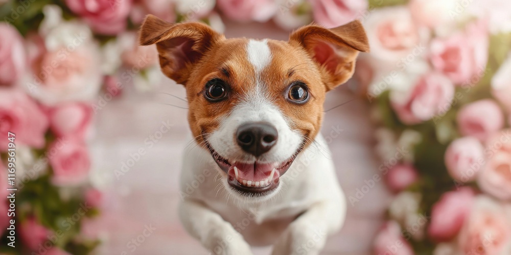 Valentine dog and pet with joy idea. Happy dog surrounded by beautiful roses in a floral setting. Valentine dog and pet with joy idea. Happy dog surrounded by beautiful roses in a floral setting.