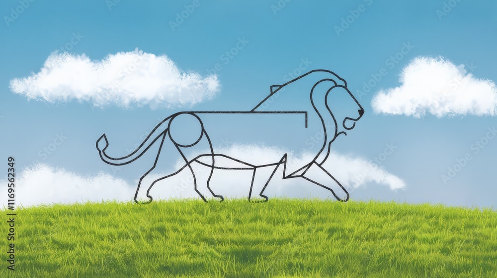 Minimalist hand-drawn illustration of a lion with geometric elements
