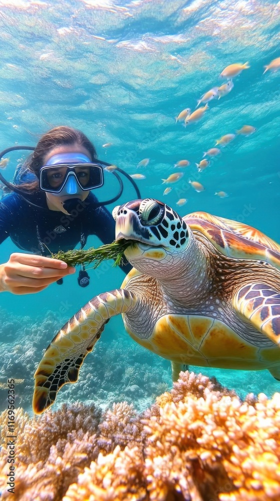 Fototapeta premium Woman feeding a sea turtle.