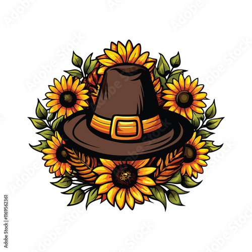 Pilgrim hat filled with sunflowers and leaves.
