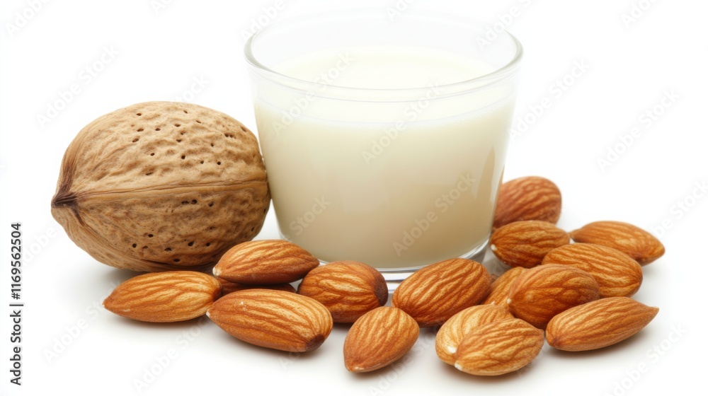 Fresh Almond Milk with Natural Ingredients on White Background Fresh Almond Milk with Natural Ingredients on White Background