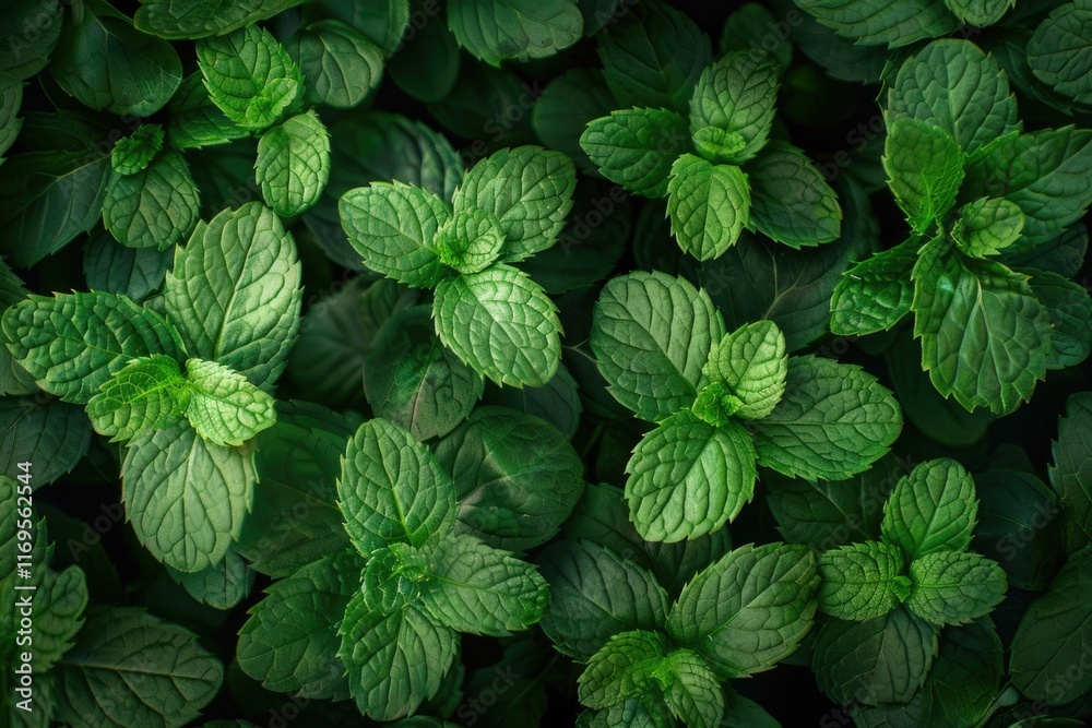 Herbs pattern with green mint leaves top view Herbs pattern with green mint leaves top view