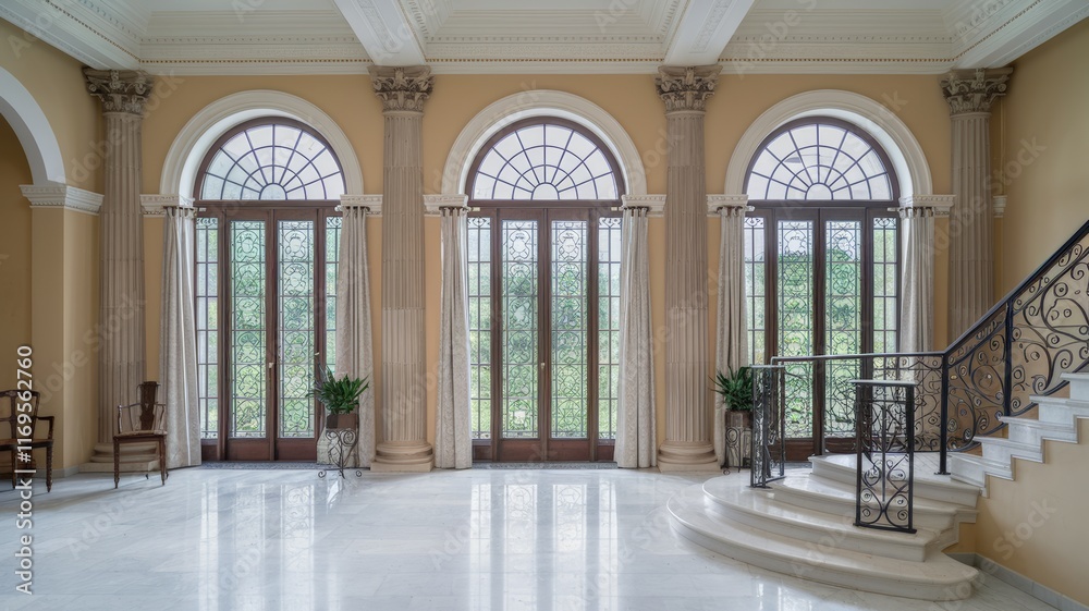 Luxurious mansion foyer with tall columns and intricate iron staircase