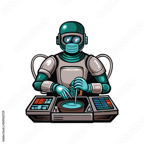 A cartoon robot surgeon, wearing a blue helmet and gloves, operates a robotic arm with buttons and a circular device.