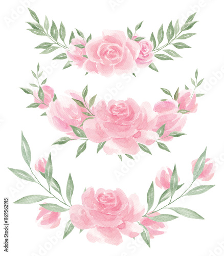 Rose wreaths, watercolor roses. Texture. Floral arrangements. Flowers. Decor for postcards. Clip art. Wedding, holiday invitation. Festive event. Decoration, scrapbooking.