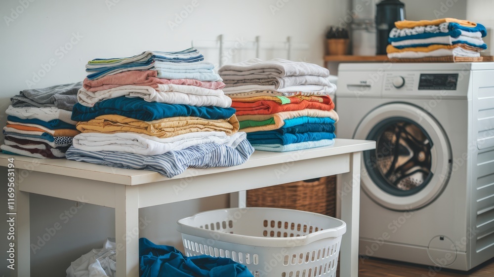 Laundry room with neatly folded clothes and washing machine