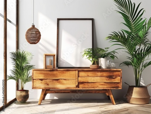 Modern Rustic Living Room: Wooden Dresser and Empty Poster on White Wall photo