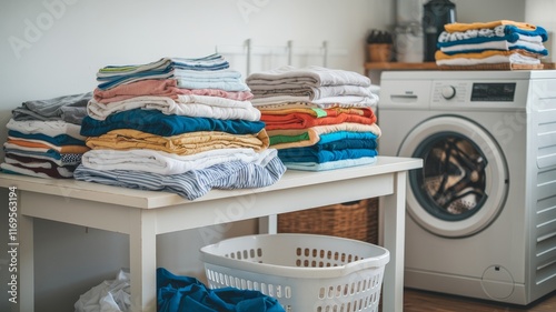 Laundry room with neatly folded clothes and washing machine