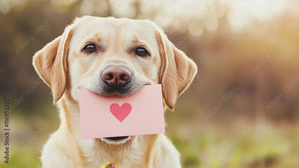 Valentine dog and pet with joy idea. Dog holding a love card in its mouth outdoors. Valentine dog and pet with joy idea. Dog holding a love card in its mouth outdoors.