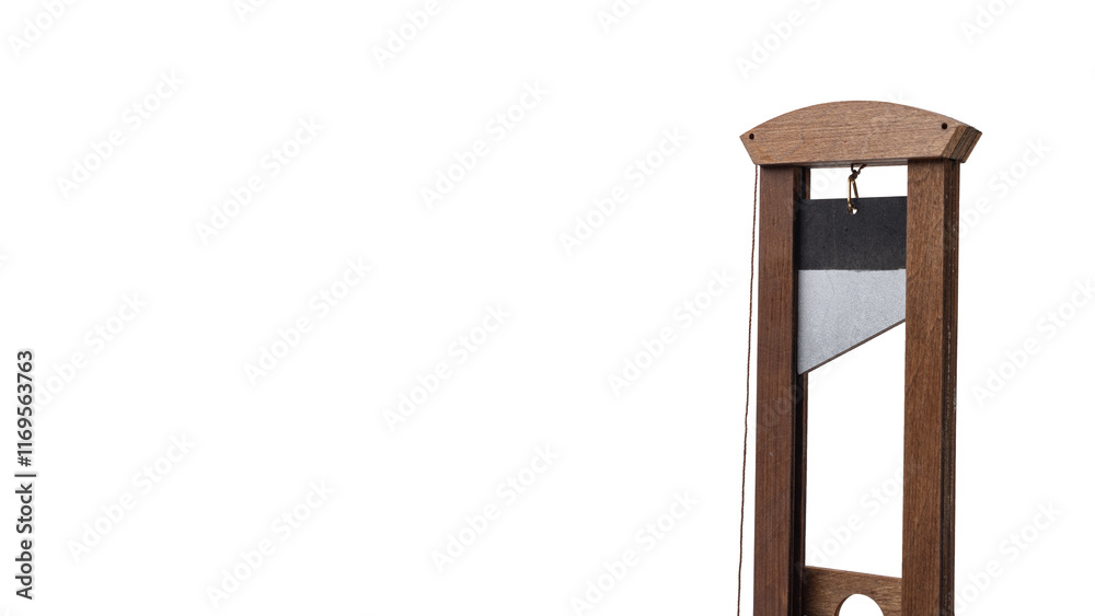 Wooden Guillotine with Angled Steel Blade Isolated on White Background with Copy Space and Clipping Path Cutout Concept for French Revolutionary Justice and Enlightenment Era Cultural Symbol