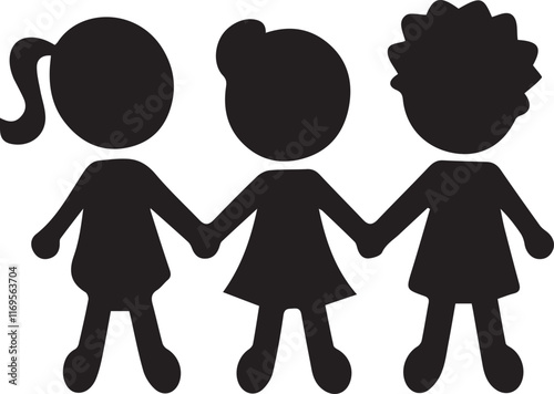 Vector illustration children standing in rows holding hands isolated on white background