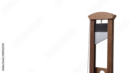 Obraz na płótnie Wooden Guillotine with Angled Steel Blade Isolated on White Background with Copy Space and Clipping Path Cutout Concept for French Revolutionary Justice and Enlightenment Era Cultural Symbol w salonie