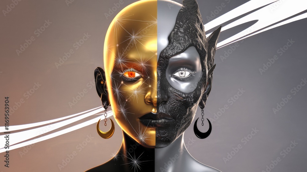 Fantasy-inspired golden and black celestial humanoid